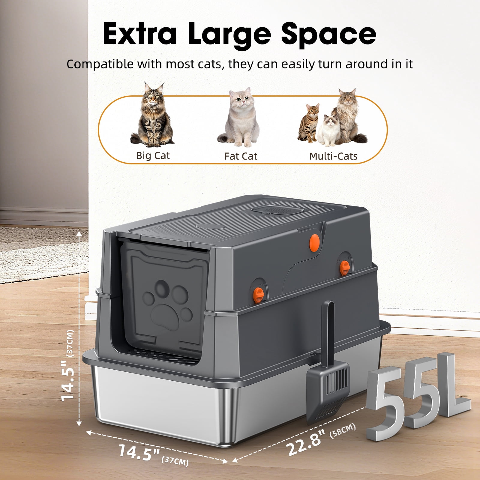 XL Stainless Steel Cat Litter Box with Lid, 3-in-1 Enclosed Litter Box, 23 x 15 Inch Metal Litter Pan for Big Cats, Flip Cover Design, Odor Control with Charcoal Filter, Scoop Included