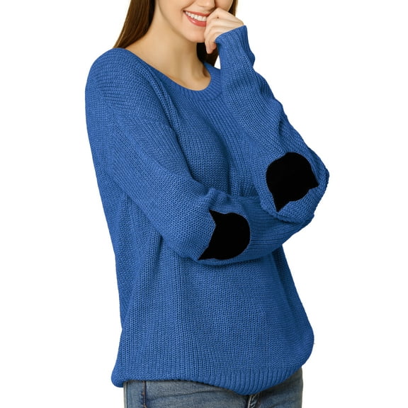 Allegra K Women's Drop Shoulder Elbow Cat Patch Loose Pullover Sweater