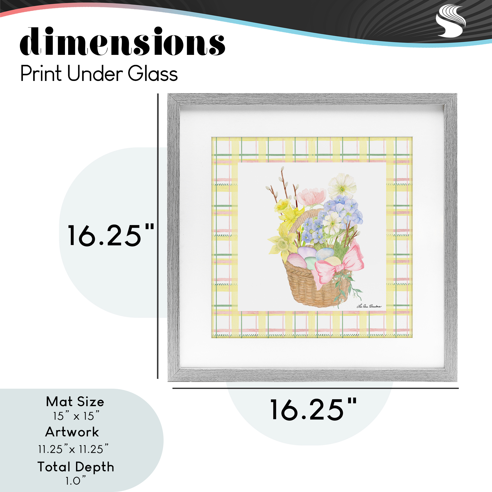 Spring Basket on Plaid Gray Framed Print Under Glass, design by Lee Ann Sanders