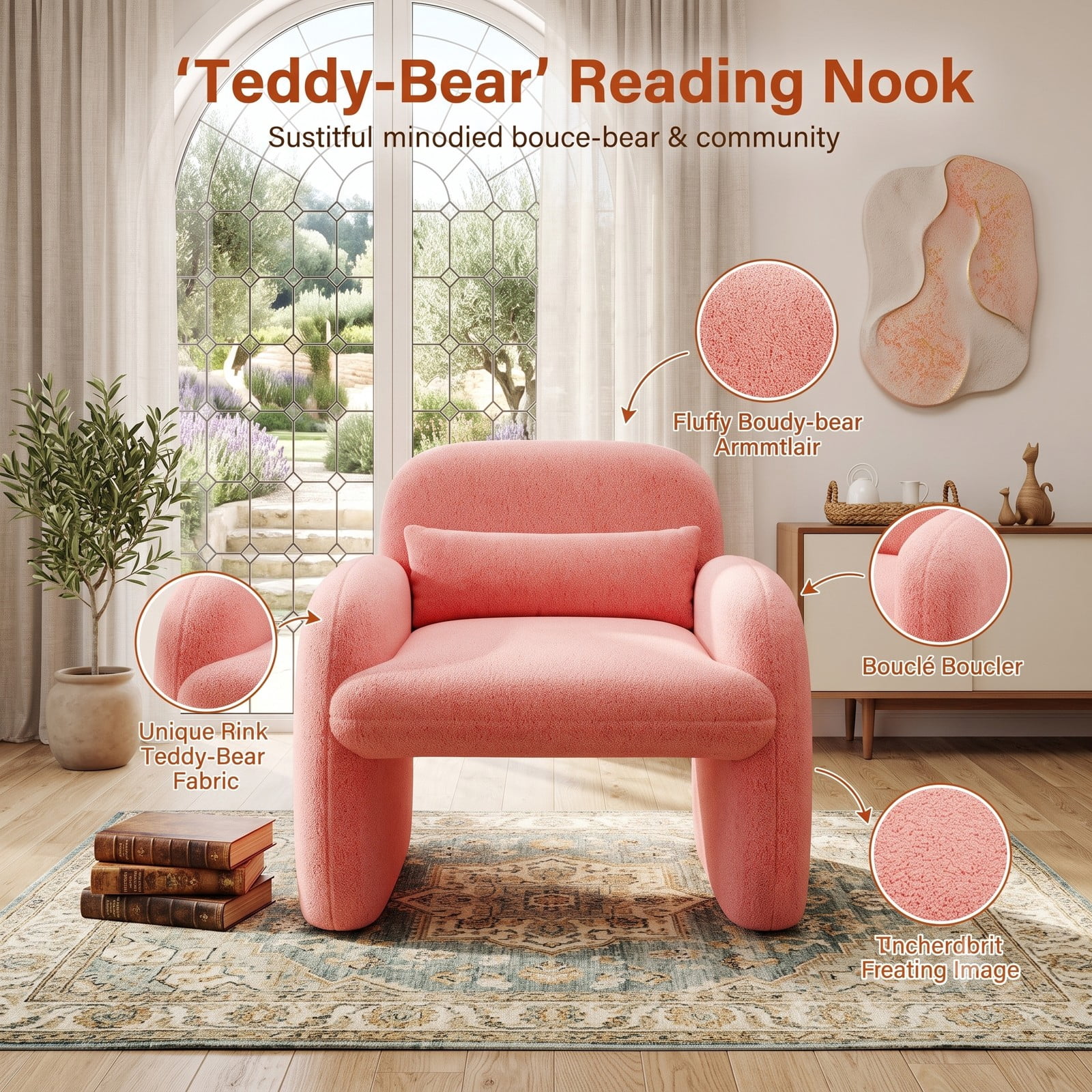 Furnibear Modern Accent Chair with Waist Pillow and Padded Armrests, Soft Sherpa Upholstered Single Sofa Chair for Living Room, Bedroom, Reading Nook, 440 lb, Pink