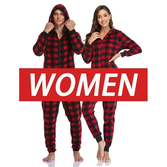 ANLIQI Couples Matching Christmas Pajamas Sets Hooded Fleece Zipper Plaid Pjs Set Union Suits Soft Warm Jumpsuit(Womens, DR, S)
