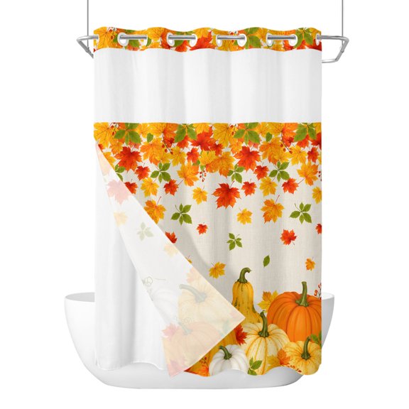 No Hook Shower Curtain, Fall Stall Bathroom Curtains with Snap in Liner, Thanksgiving Autumn Red Orange Pumpkins Leaves Beige Waterproof Washable Fabric Shower Curtain Set, 48" x 72"