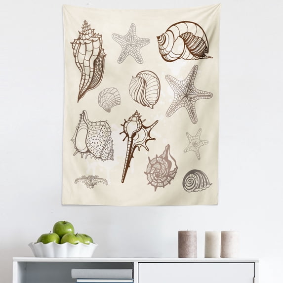 Shell Tapestry, Grunge Designed Outline Starfish and Seashells Nautical Art, Fabric Wall Hanging Decor for Bedroom Living Room Dorm, 5 Sizes, Dark Rosewood Eggshell, by Ambesonne