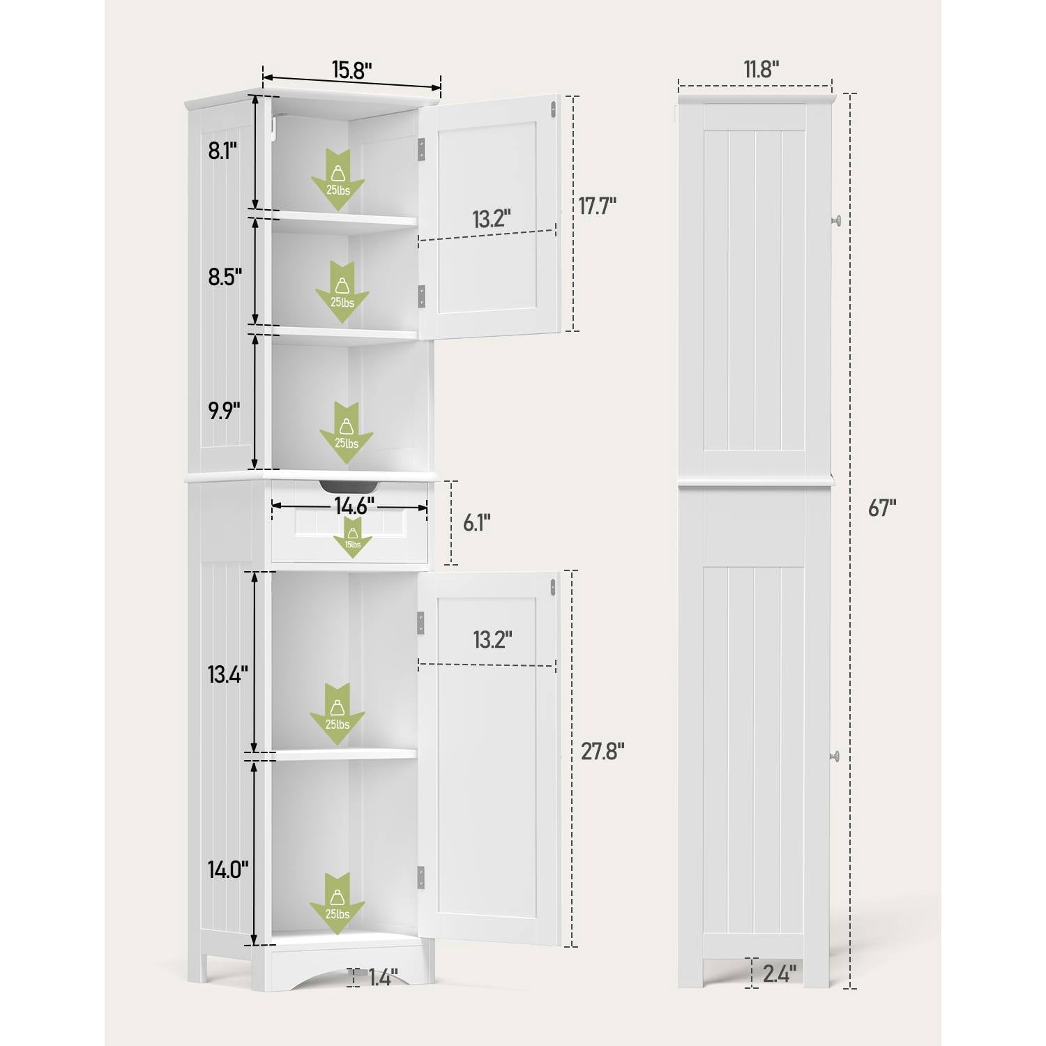 Lofka 67" Tall Narrow Bathroom Storage Cabinet, Freestanding Anti-Tipping Adjustable Shelf for Small Space | Bathroom | Kitchen, White