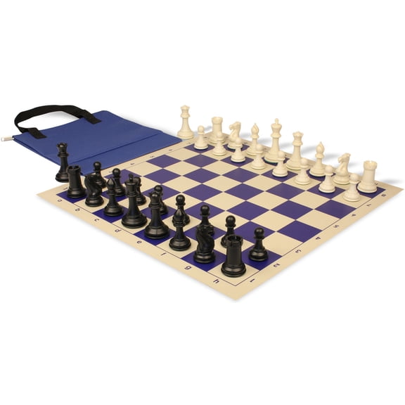 Conqueror Easy-Carry Plastic Chess Set Black & Ivory Pieces with Vinyl Rollup Board - Blue