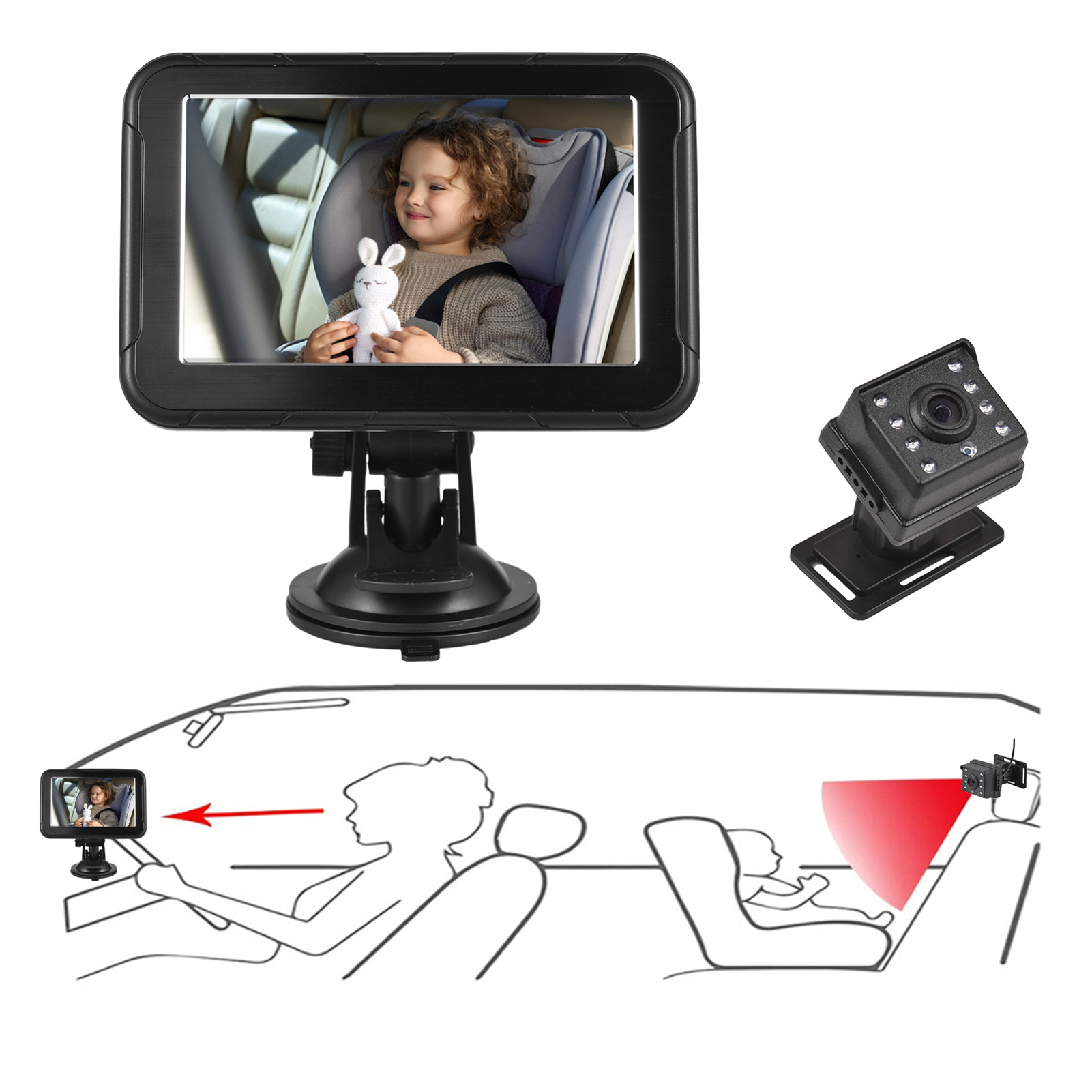 Cacagoo 5" 1080P Baby Car Monitor, Backseat Camera with Night Vision, 150° Wide Angle, 360° Rotation Display for Rear Facing Infant, Includes Camera & Charger Kit
