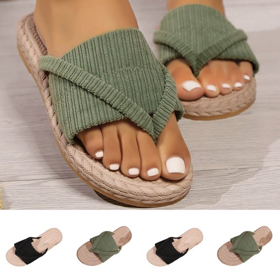 Women's Boho Vacation Open Toe Slides Flip Flop Sandals Slip On Beach Flat Sandals Slippers Army Green