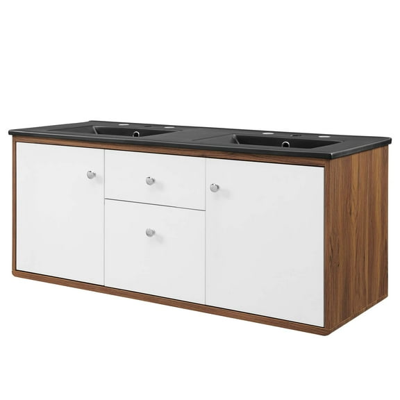 Sink Vanity Cabinet, Wall Mounted, Wood, Brown Walnut Black, Modern Contemporary Urban Design, Hotel Bedroom Bathroom Master Suite Guest