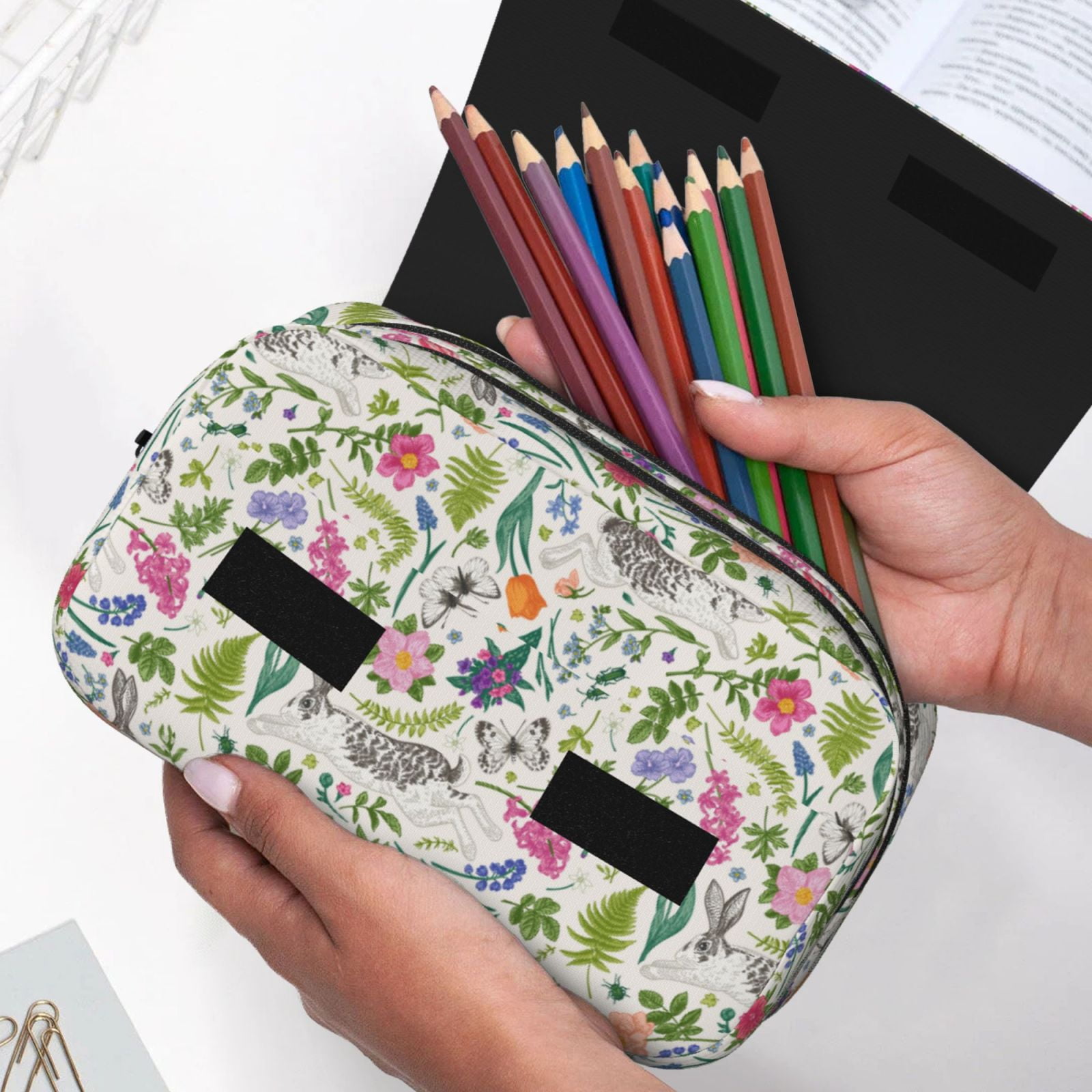 Rateoe Rabbit And Butterfly Pattern Double Clamshell Pen Case, Storage Organizer with Two Zipper Compartments– Holds Up to 50 Pencils & Pens