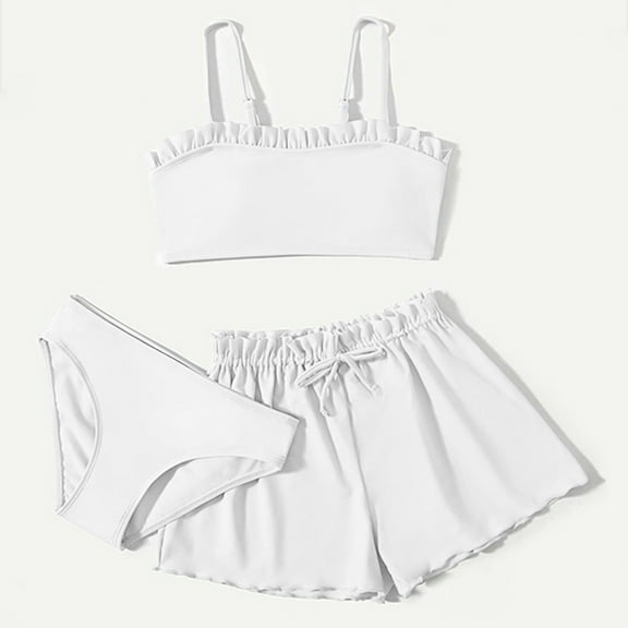 REDARER Girl's 3 Piece Swimsuits Soild Bikini Rullfe Bathing Suit Briefs Girls Bikini Swimwear Set,Girls Swimsuit,8-10 Years