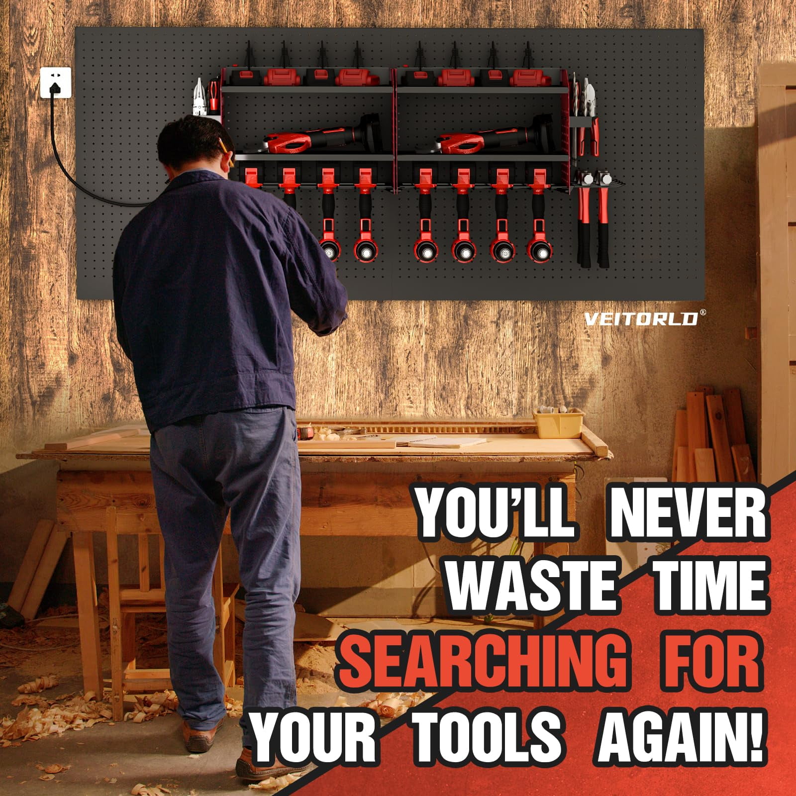 Veitorld Power Tool Organizer with Charging Station,3 Layers Storage Rack with 4 Drill Holders,Heavy Duty Modular Wall Mount Rack for Garage, for Men Dad Him Husband for Christmas Birthday