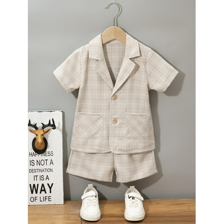 

Short Sleeve Toddler Boys Plaid Double Pocket Shirt Shorts S221905X Khaki 90(1-2Y)