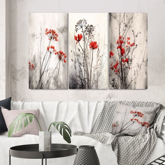 Designart "Herb Garden s Splendor in Red and Grey III" Floral Wall Art Set Of 3 - Red Floral Canvas Set For Living Room Decor