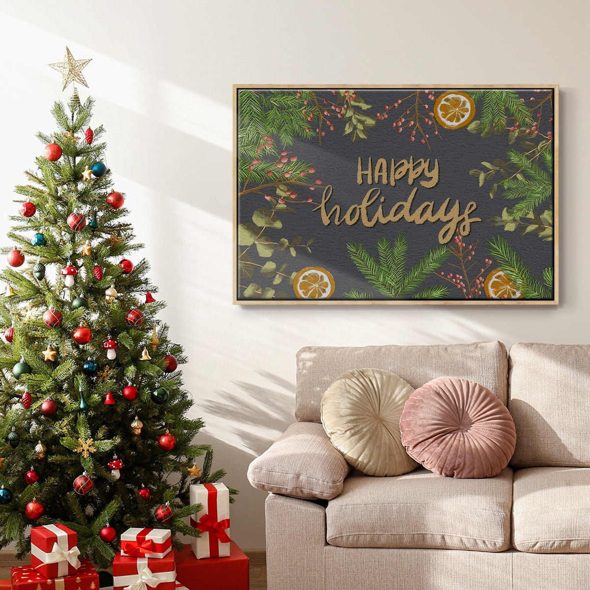 Holiday Sentiment II - Framed Gallery Wrapped Holiday Canvas - 17 x 25 - Natural Wood Frame