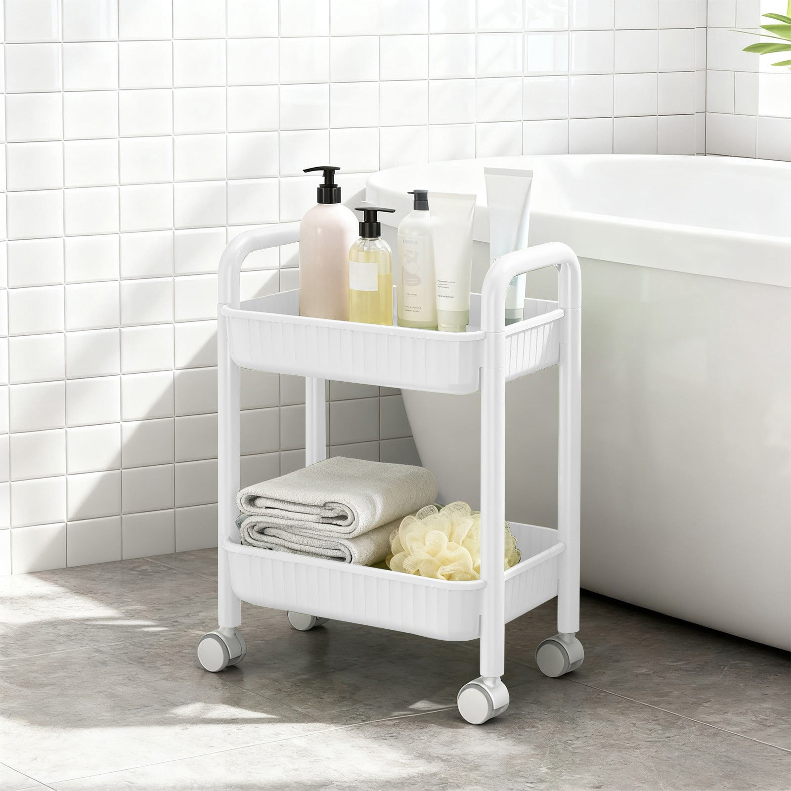 Two Tier Plastic Rolling Cart With Locking Swivel Casters, Lightweight Sturdy Large Capacity, Easy Assembly Handle Design, Mobile Storage, For Kitchen Office Bedroom Pantry Laundry Room Organization