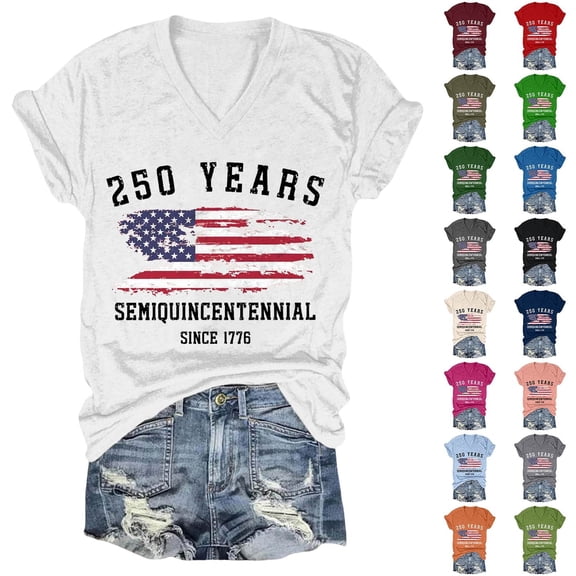 YVNAURA Women 250th Anniversary USA Shirt V Neck American Flag Graphic Tee Patriotic Semiquincentennial 1776-2026 Top Casual Summer 4th of July Independence Day Shirt for Mom Wife, Beige, L