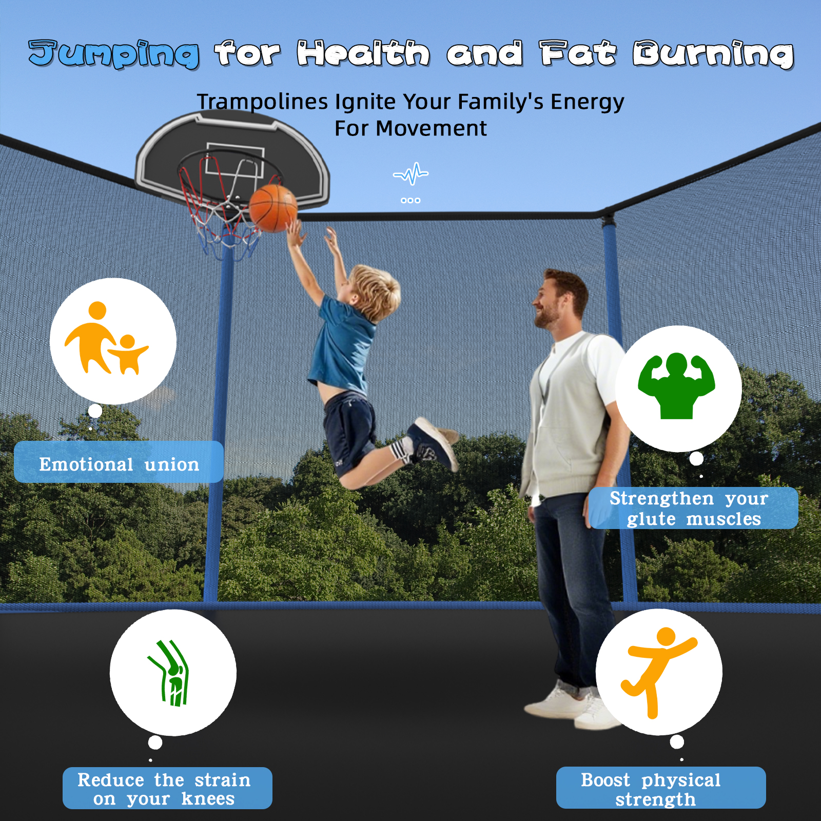 SENCHO GINSYTALIOR Trampoline 8FT 10FT 12FT 14FT 16FT Trampoline with Enclosure - Recreational Trampolines with Ladder and AntiRust Coating, Outdoor Trampoline for Kids