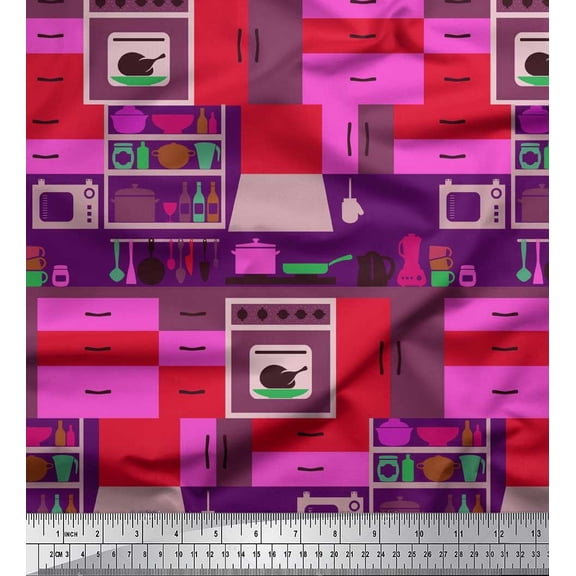 Soimoi Poly Georgette Fabric Utensils & Shelf Kitchen Print Sewing Fabric Yard 42 Inch Wide