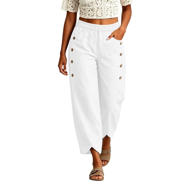 Neewe Womens High Waist Pants Wide Leg Ankle Casual Button Waist Vacation with Pockets Daily Outfits