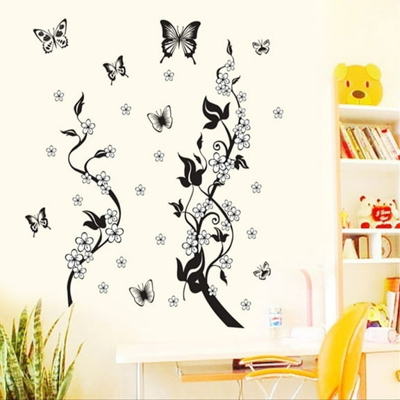 Black Flower Cherry Flowers Wall Decal Butterfly Wall Sticker for Nursery, Living Room, and Decor, Perfect for TV Sofa Background  Line Sunflowers, Flowers, 20x30in