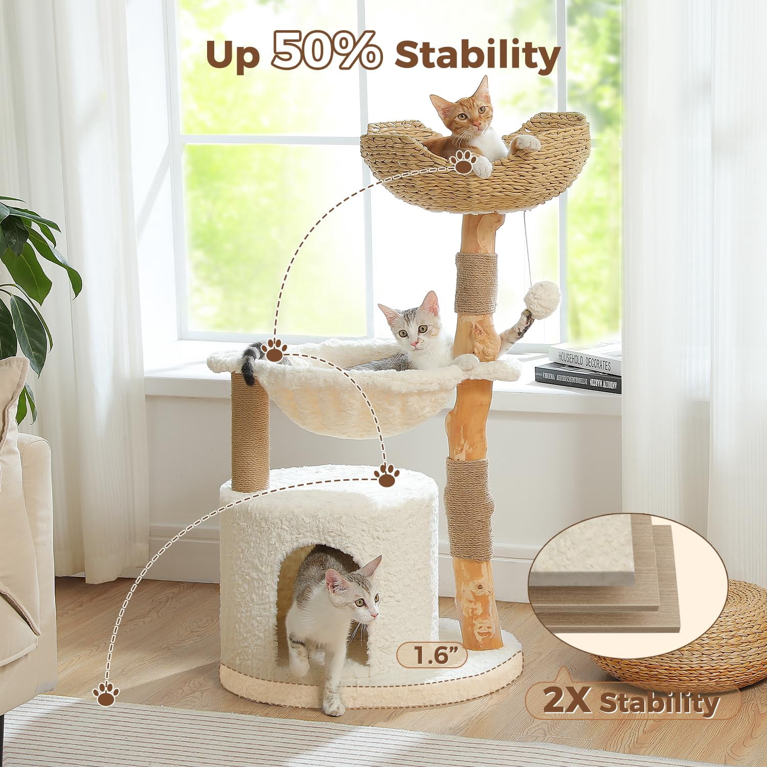 Natural Wood Cat Tree with Wicker Basket and Hammock, 40 Inch Tall Cat Tower with Cozy Condo, Scratching Posts for Indoor Cats, Beige