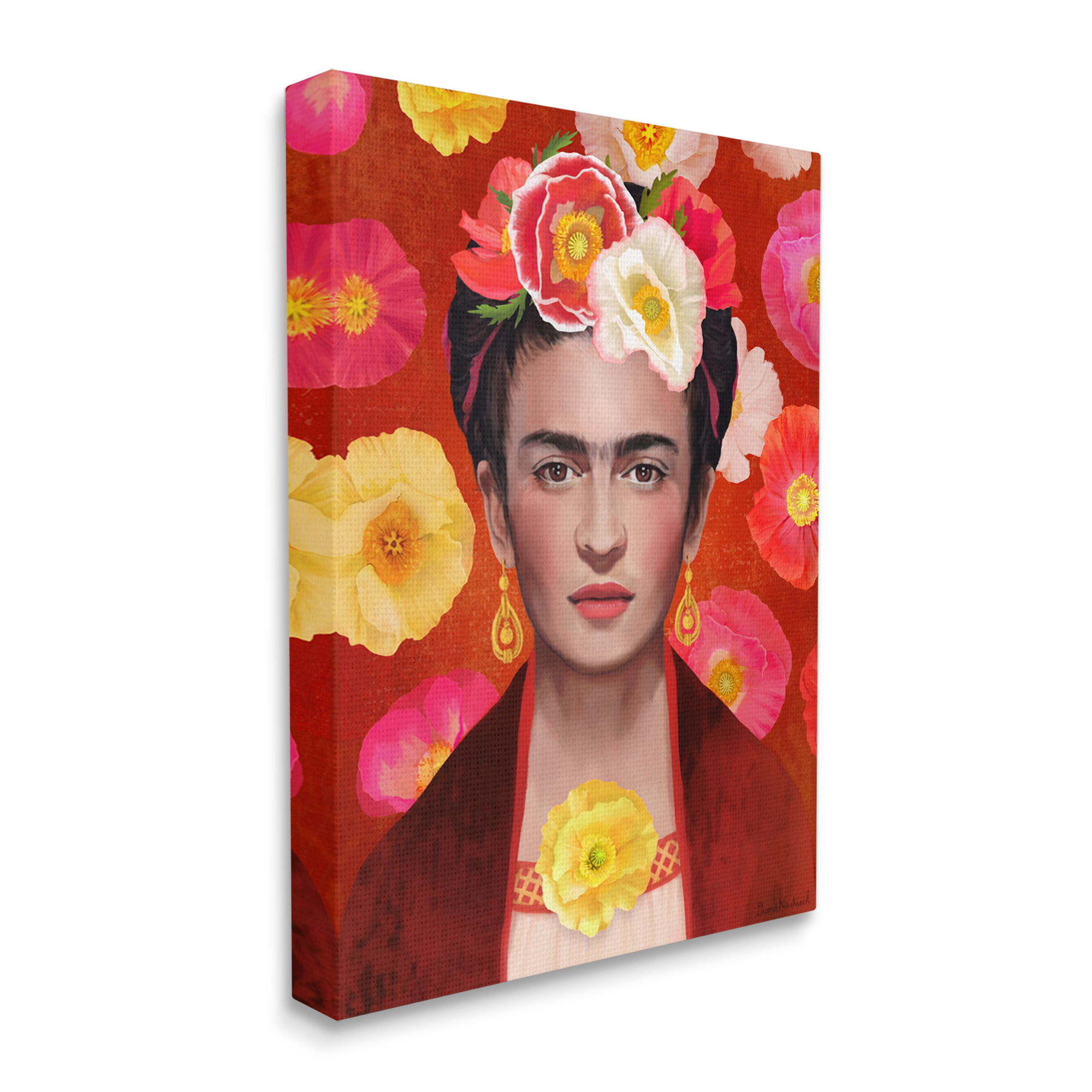 Stupell Industries Bold Frida Kahlo Portrait Floral Poppies Pattern Painting Gallery Wrapped Canvas Print Wall Art, Design by Diane Neukirch