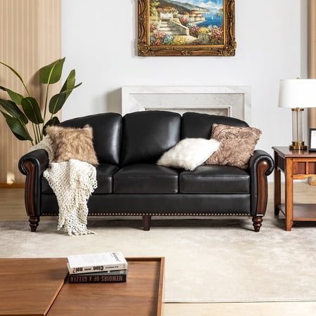 Tina's Home Traditional Genuine Leather Sofa for Living Room, Carved Wood Legs & Nailhead Trim, 3-Seater Couch