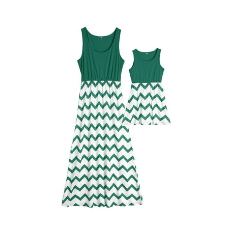 

Family Matching Dress Mommy and Me Boho Wave Stripe Patchwork Maxi Dress Casual Sleeveless Beach Dress