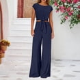 thumbnail image 2 of Women's 2 Piece Summer Outfit Cap Sleeve V Neck Belted Crop Top Wide Leg Pants, 2 of 6