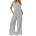 thumbnail image 5 of Women's Short Sleeve Wide Leg Striped Bodysuit Casual Round Neck Bodysuit Button Summer Suit, 5 of 8