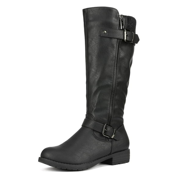 DREAM PAIRS Women's Knee High Boots Comfortable Riding Boots Side Zipper Fall Boots with Buckle,Size 10,Black,DEER