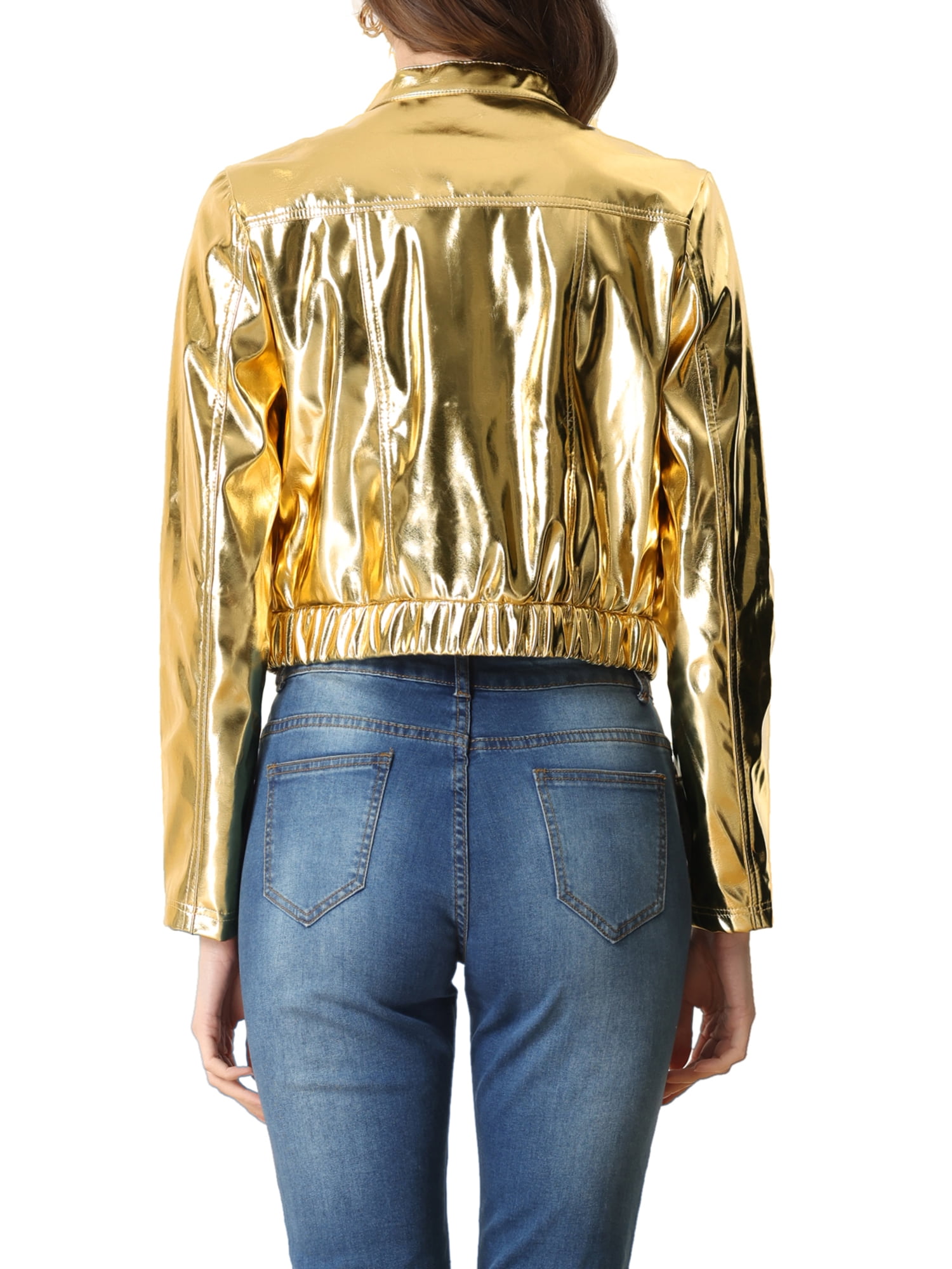 MODA NOVA Metallic Cropped Jacket for Juniors Stand Collar Zip Up Shiny Biker Holographic Jackets Gold L