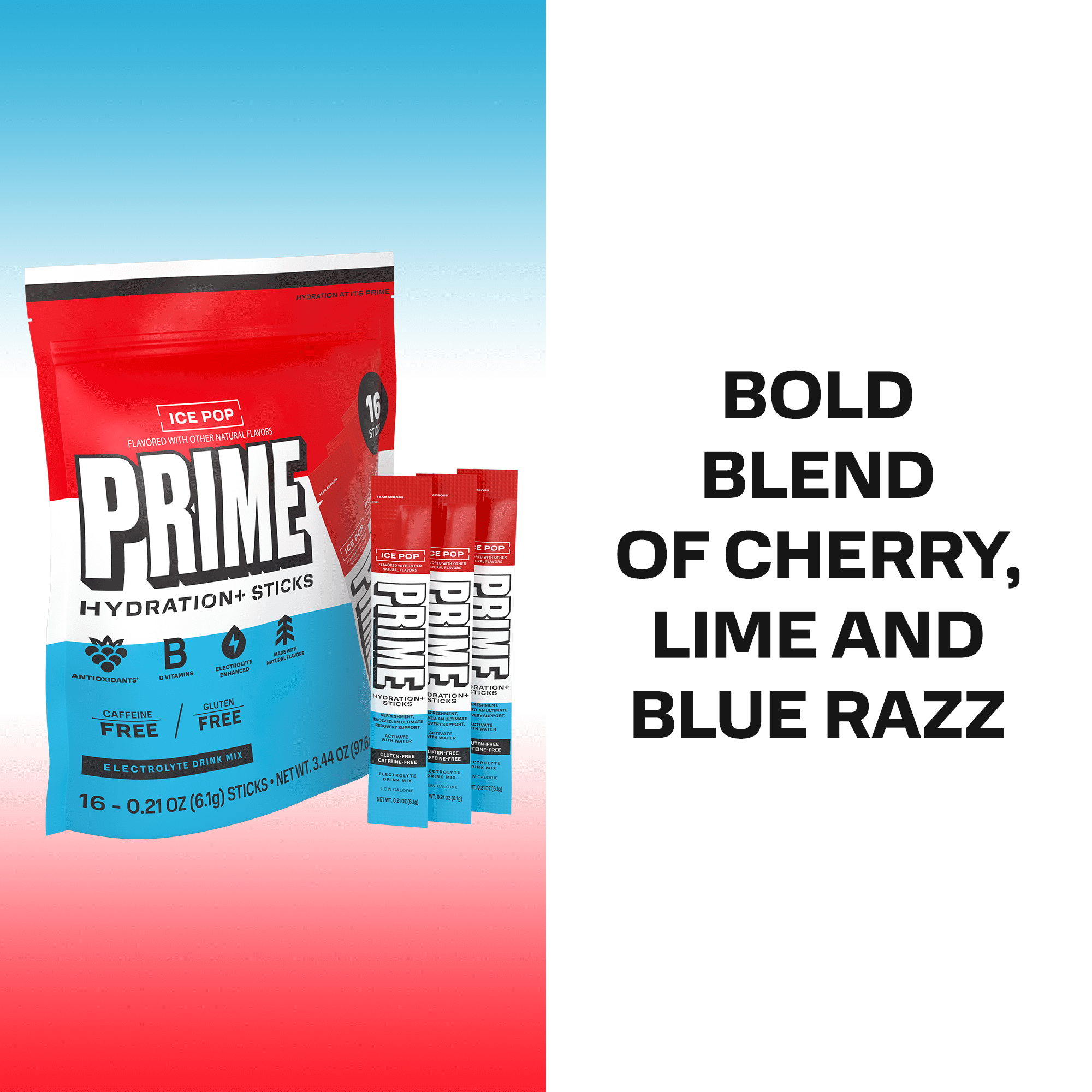 PRIME Hydration+ Ice Pop Electrolyte Powder Sticks, Sugar Free, 16 Count