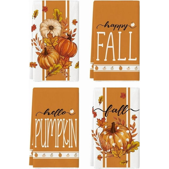 luyaa Stripes Polka Dot Pumpkin Fall Kitchen Towels Dish Towels, 18x26 Inch Farmhouse Maple Leaves Autumn Decoration Hand Towels Set of 4