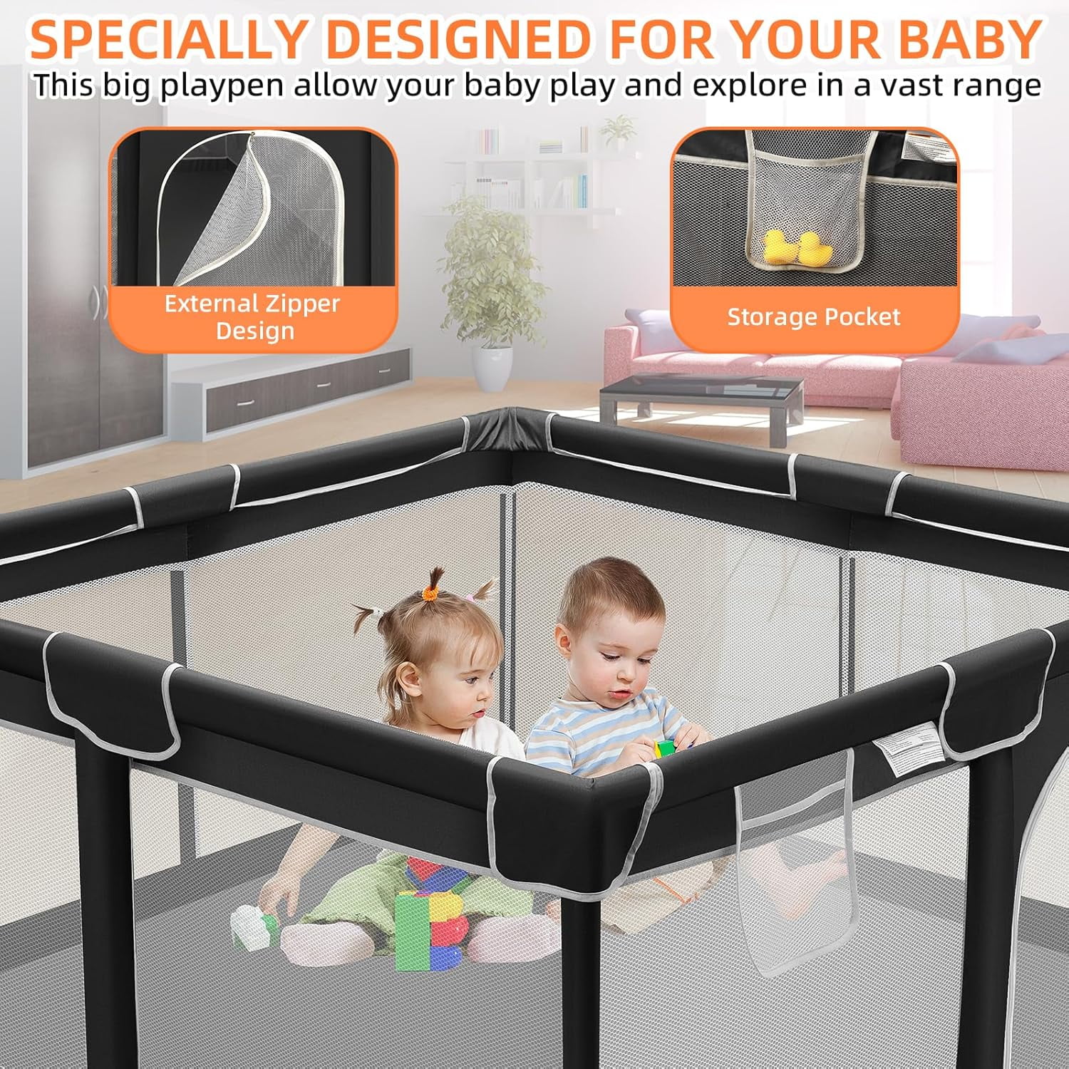 kmaier Baby Play Yards 360° Visual Playpen,Handle and Storage Bag Attached, Black
