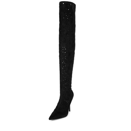 

Jeffrey Campbell Adonia Black Suede Perforated Stiletto Heel Pointed Toe Boots (Black Suede 7)