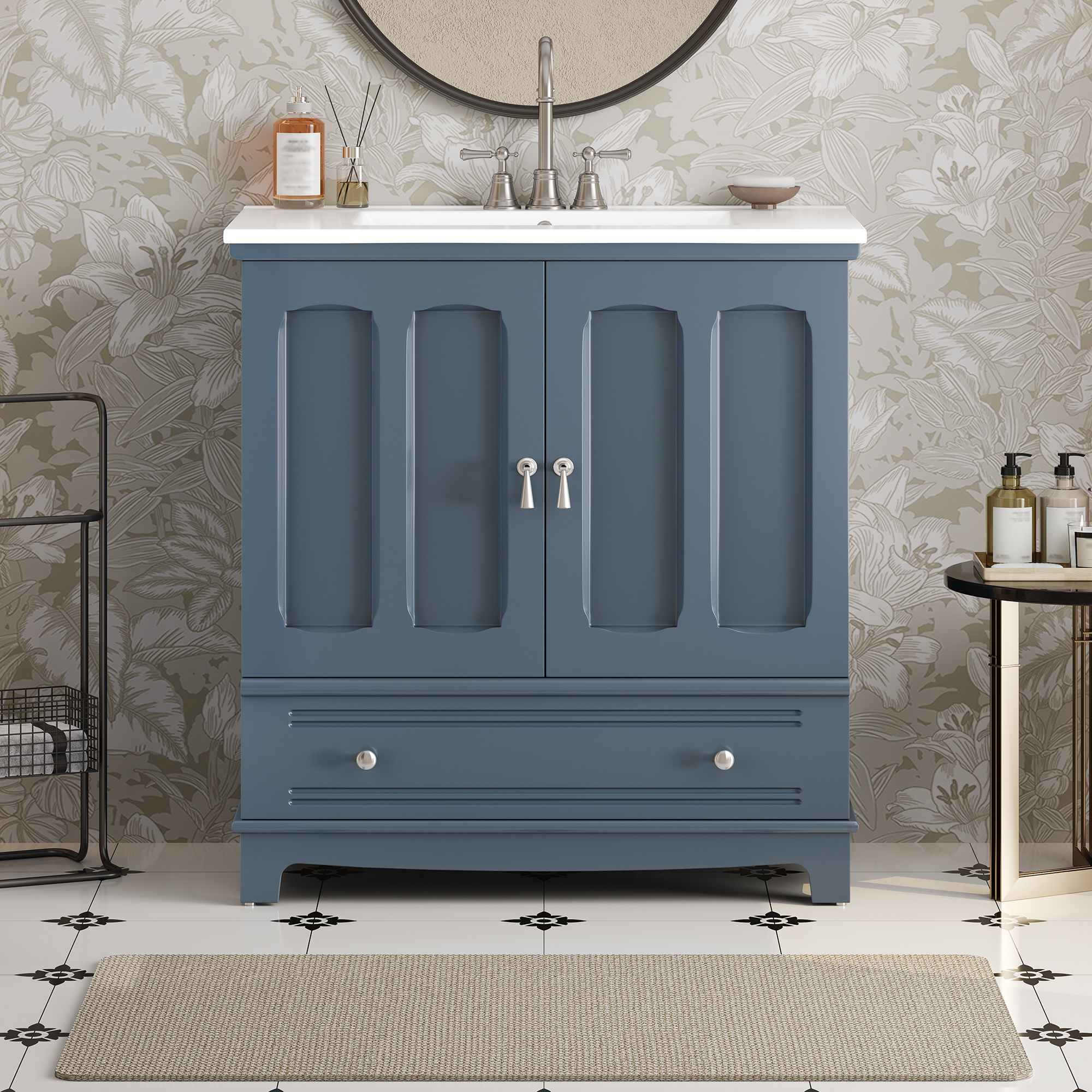 Euroco 30" Bathroom Vanity with Ceramic Sink, Solid Wood Frame Bathroom Sink Cabinet with Adjustable Shelf, Drawer with Divider, Solid Wood Feet
