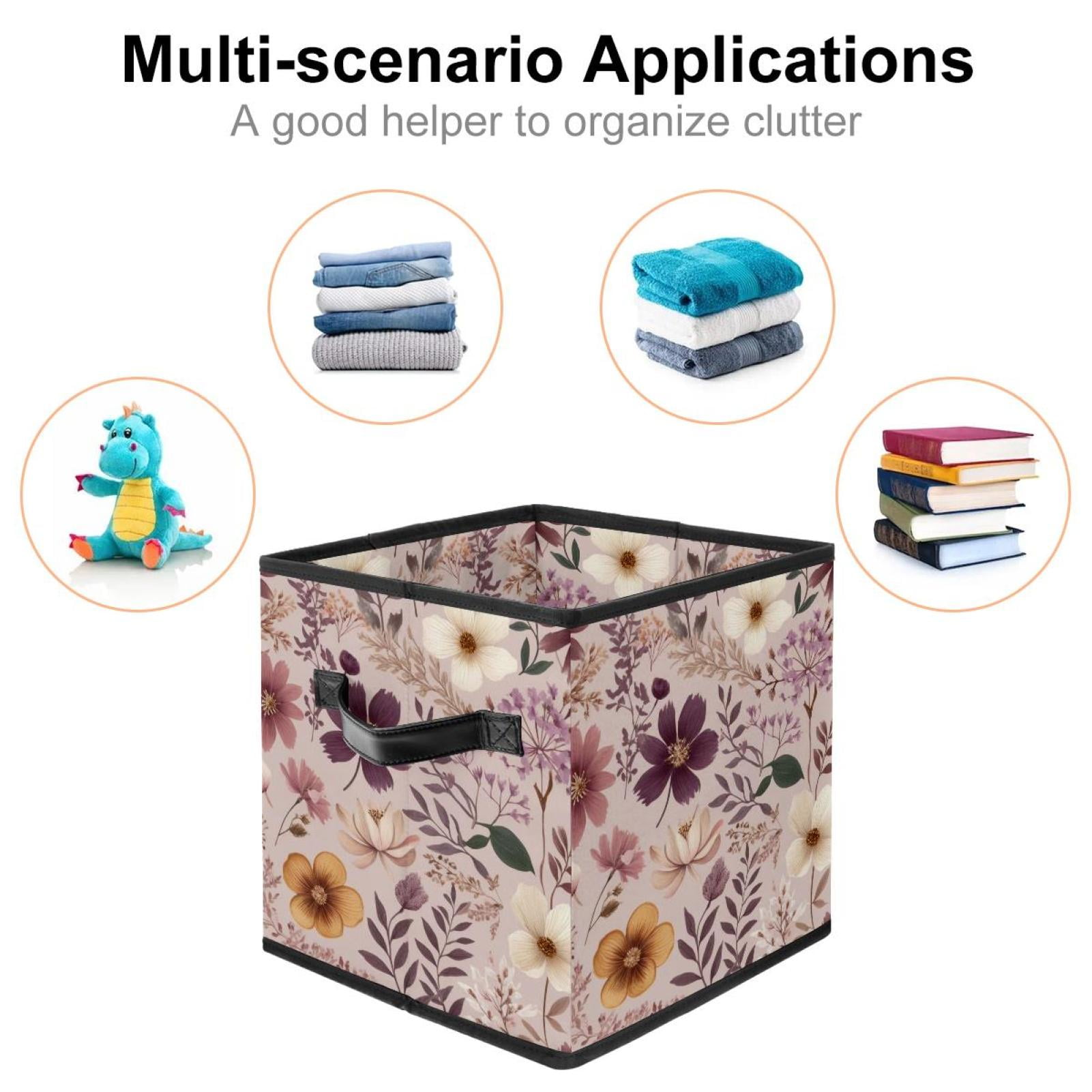 RATGDN Collapsible Fabric Cube Storage Bin with Double Handles for Living Room Bedroom Office Black - Pink Flower Specimen