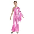 thumbnail image 2 of Aislor Kids Girls Sparkle One Shoulder Long Sleeve Wide Leg Romper Flare Bell Bottom Playsuit Gymnastics Jumpsuit Pink 16, 2 of 7