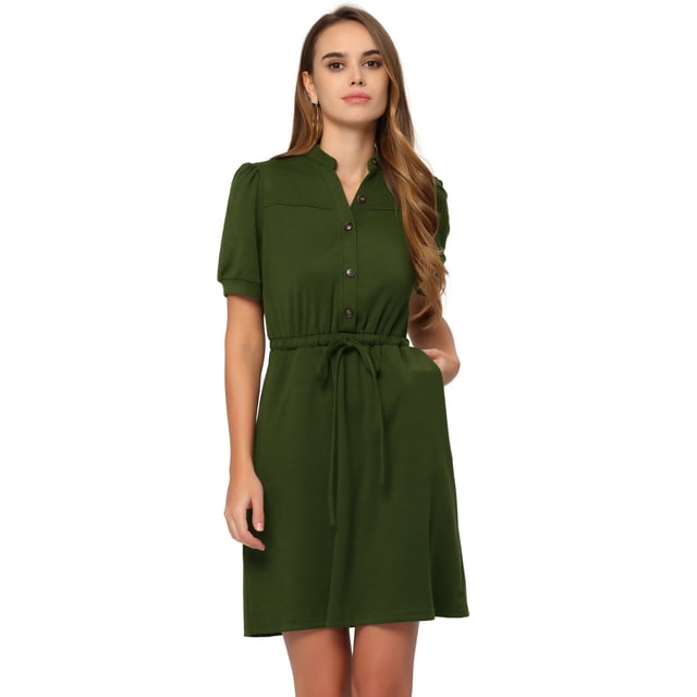 Vestidos casuales para mujer con cuello de muesca y botón frontal con cordón, vestido de manga corta Verde XL
