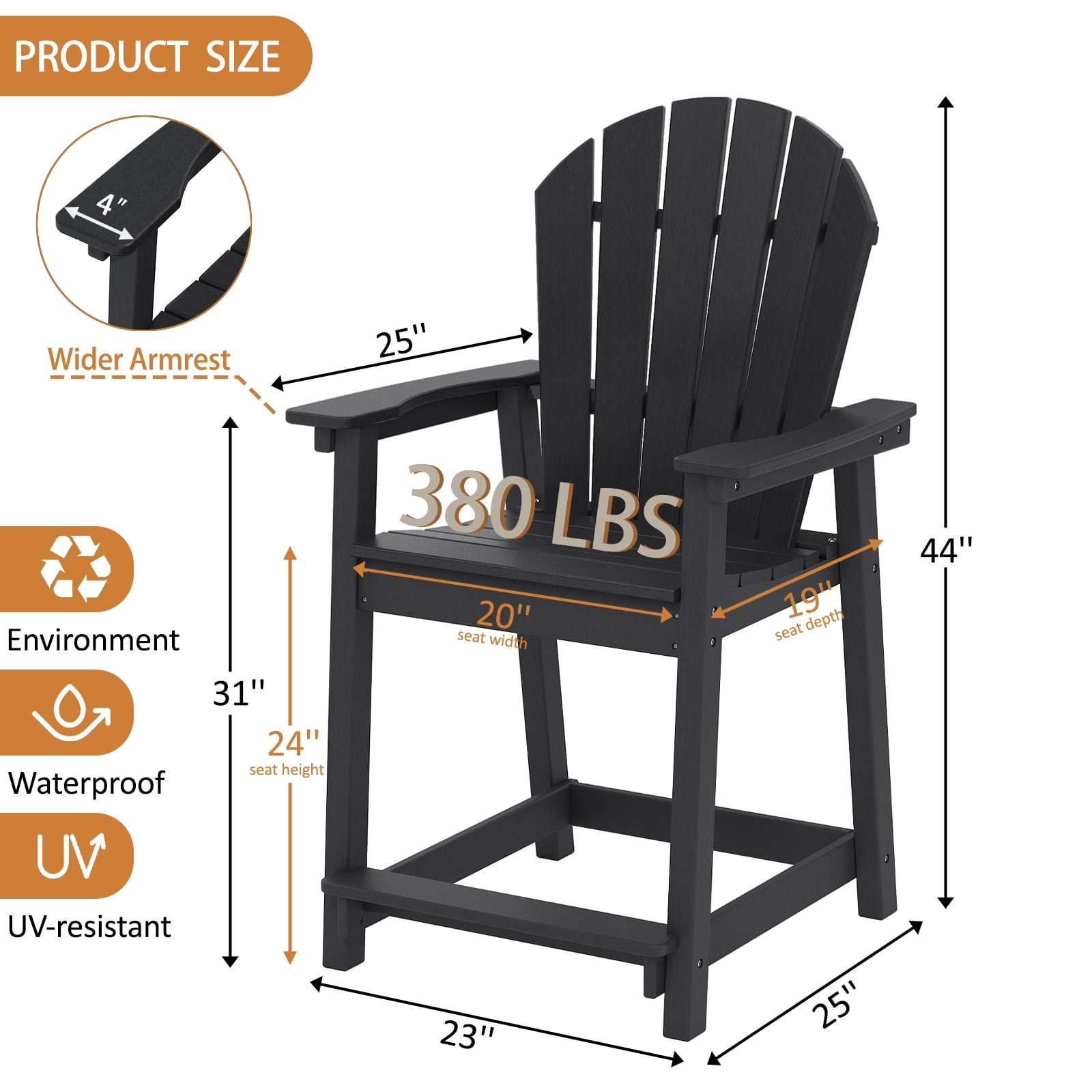 OTSUN Tall Modern Adirondack Chair, All Weather HDPE Bar Height Adirondack Stools Widened Durable Design for Porch Patio Yard Lawn Fire Pit Bistro Basement Indoors & Outdoors