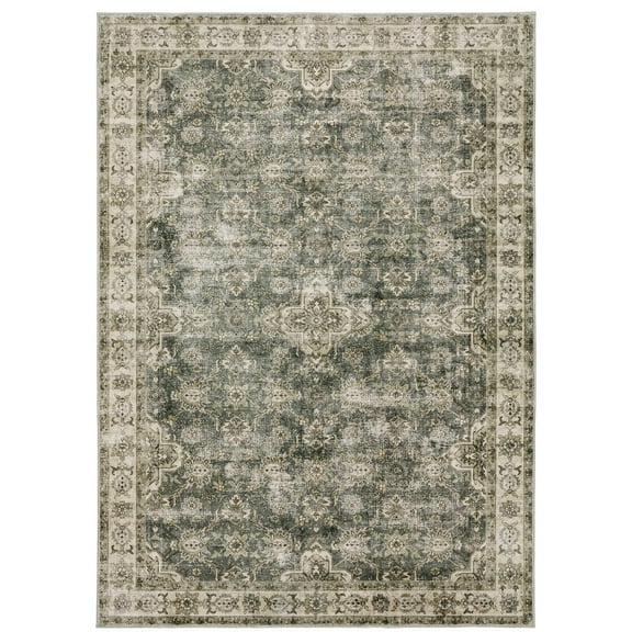 Oriental Weavers Malibu Washable Area Rug - MAL04 - 5' x 7' - in Green/ Beige - Vintage Inspired, Non-Slip, Stain Resitant, Ultra Low Pile, Bedroom, Office Rug
