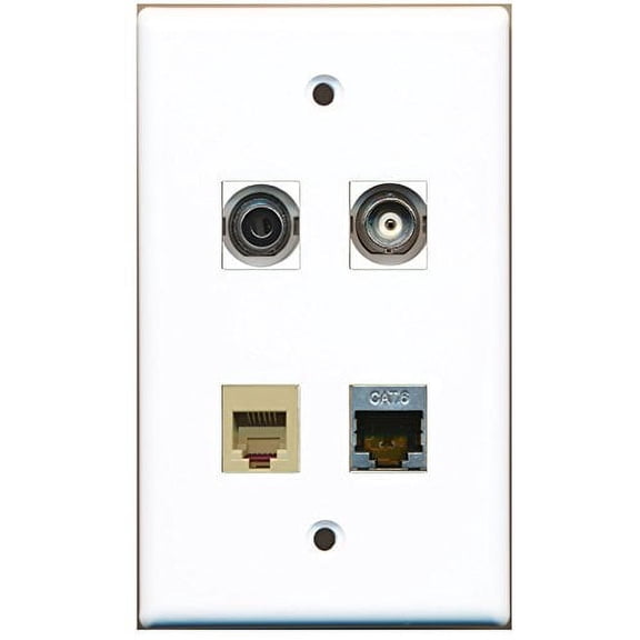 RiteAV - 1 Port Phone RJ11 RJ12 Beige 1 Port Shielded Cat6 Ethernet 1 Port 3.5mm 1 Port BNC Wall Plate