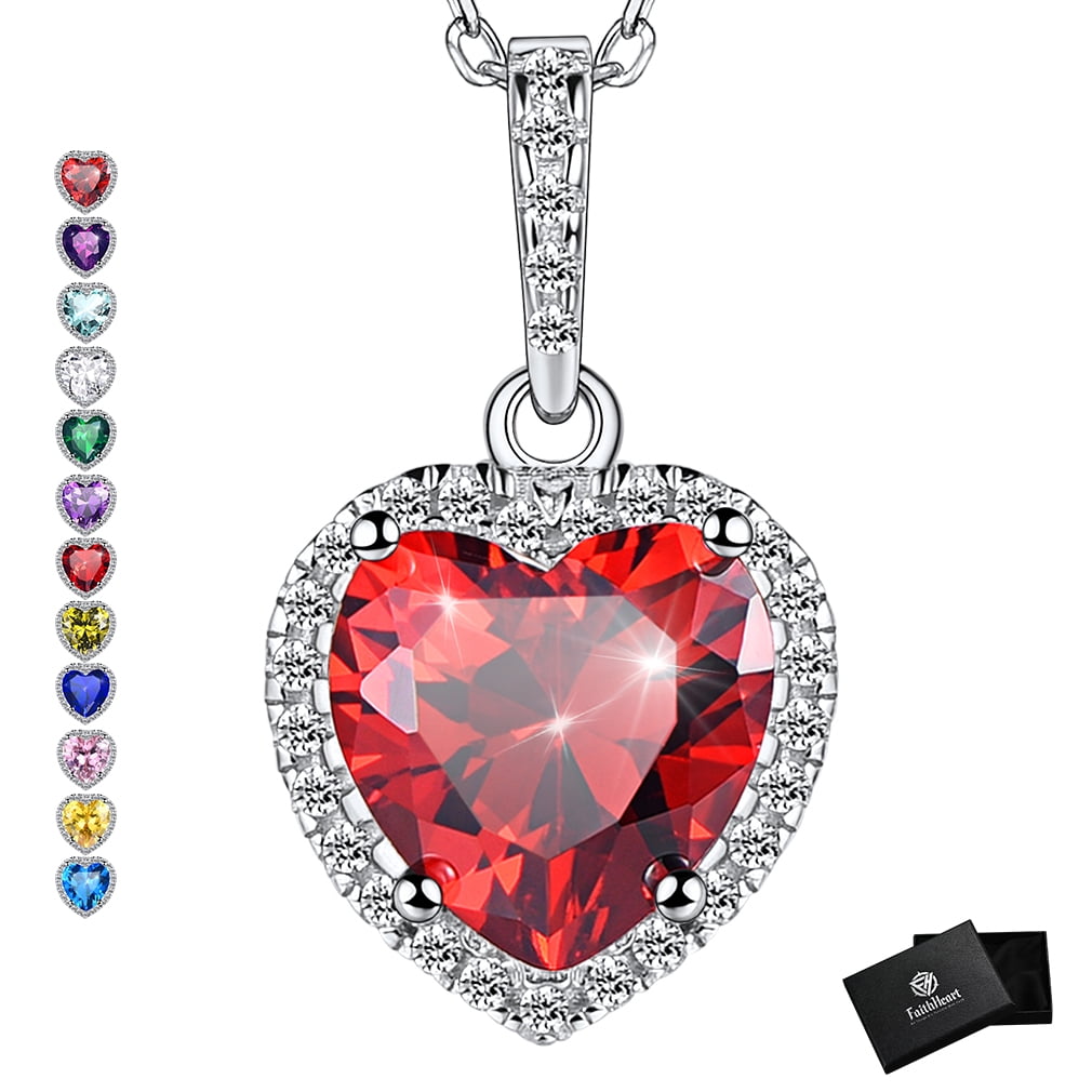 FaithHeart January Birthstone Heart Necklace for Women Sparkling Diamond 925 Sterling Silver Pendant Necklace Birthday Valentine's Day Jewelry Gift