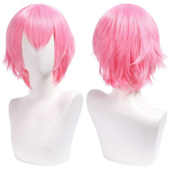 XmhyTop Unisex Short Anime-Style Cosplay Wig, Fluffy Layered Heat-Resistant Synthetic Hair, with Bangs, Ideal for Costume Parties, Prom & Themed Events，Light Pink