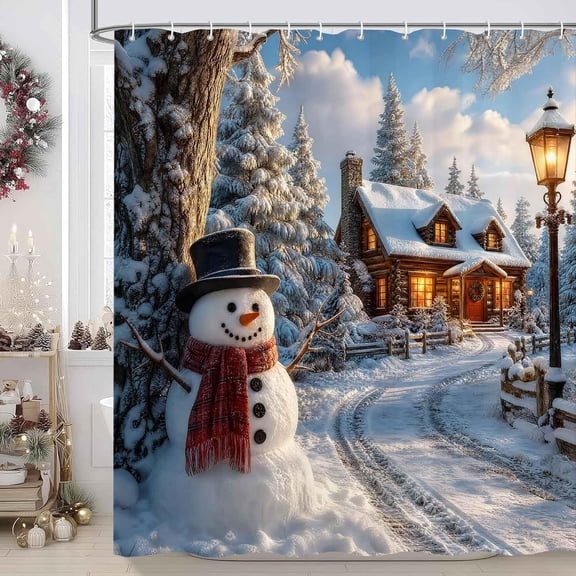Christmas Snowman Shower Curtain Winter Wonderland Snowy Cabin Waterproof Fabric Bathroom Decor with Hooks 71x71 Inches
