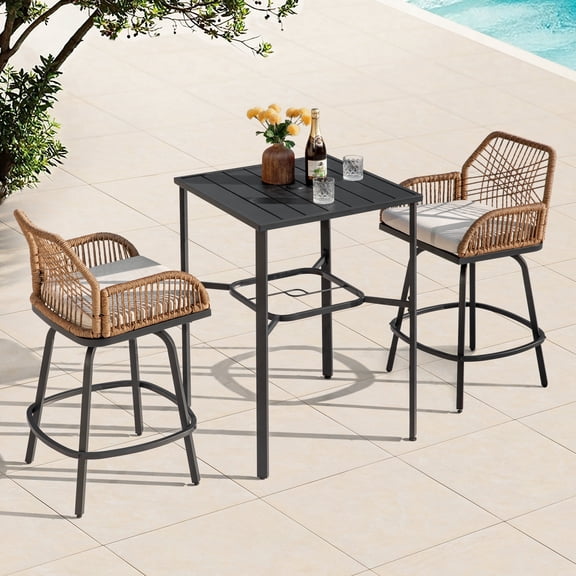 Nuu Garden 3-Piece Patio Bar Set with Removable Cushions, Outdoor Bar Height Table and 2 Handwoven Twisted Rattan Swivel Patio Bar Stool Chairs, Powder-Coated Metal Frame, Black and Beige