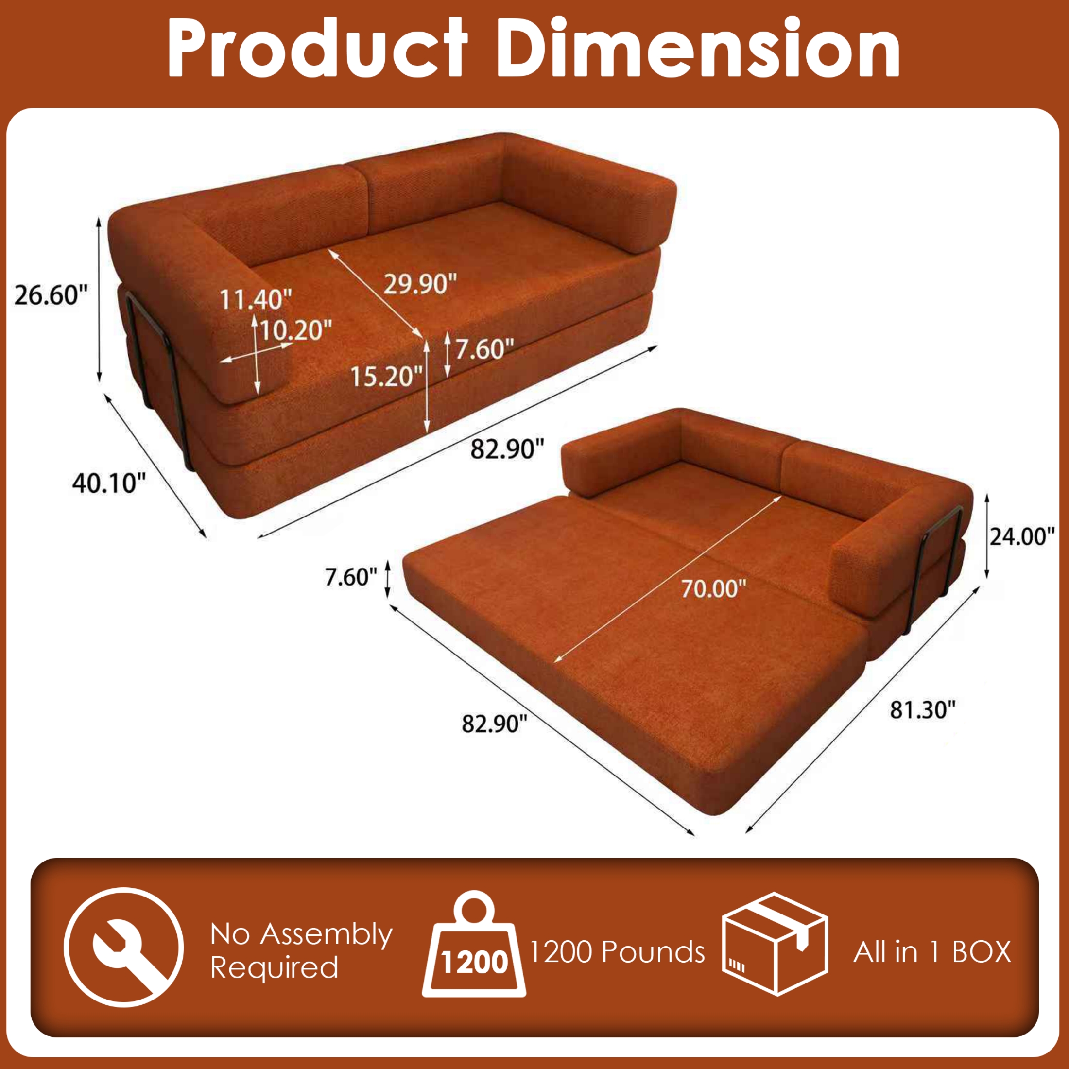 EPWOP Convertible Sleeper Sofa Bed with Pillows for Small Spaces, King Size, Orange