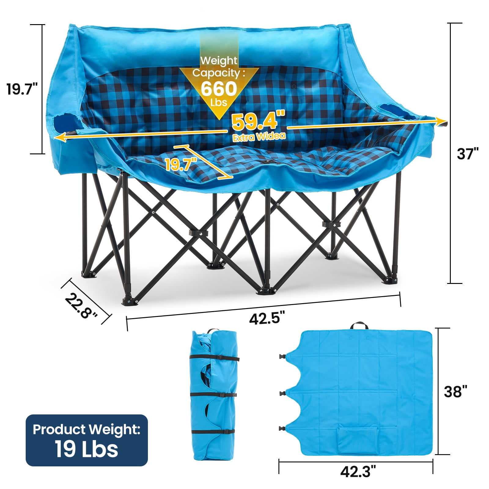 ABORON Oversized Double Camping Chair, Folding 2 Person Camping Chair Loveseat, Extra-Thick Padded Duo Chair Camping Couch, Portable Double Camp Chair, Lawn Chairs, Camping Bench with Carrying Bag