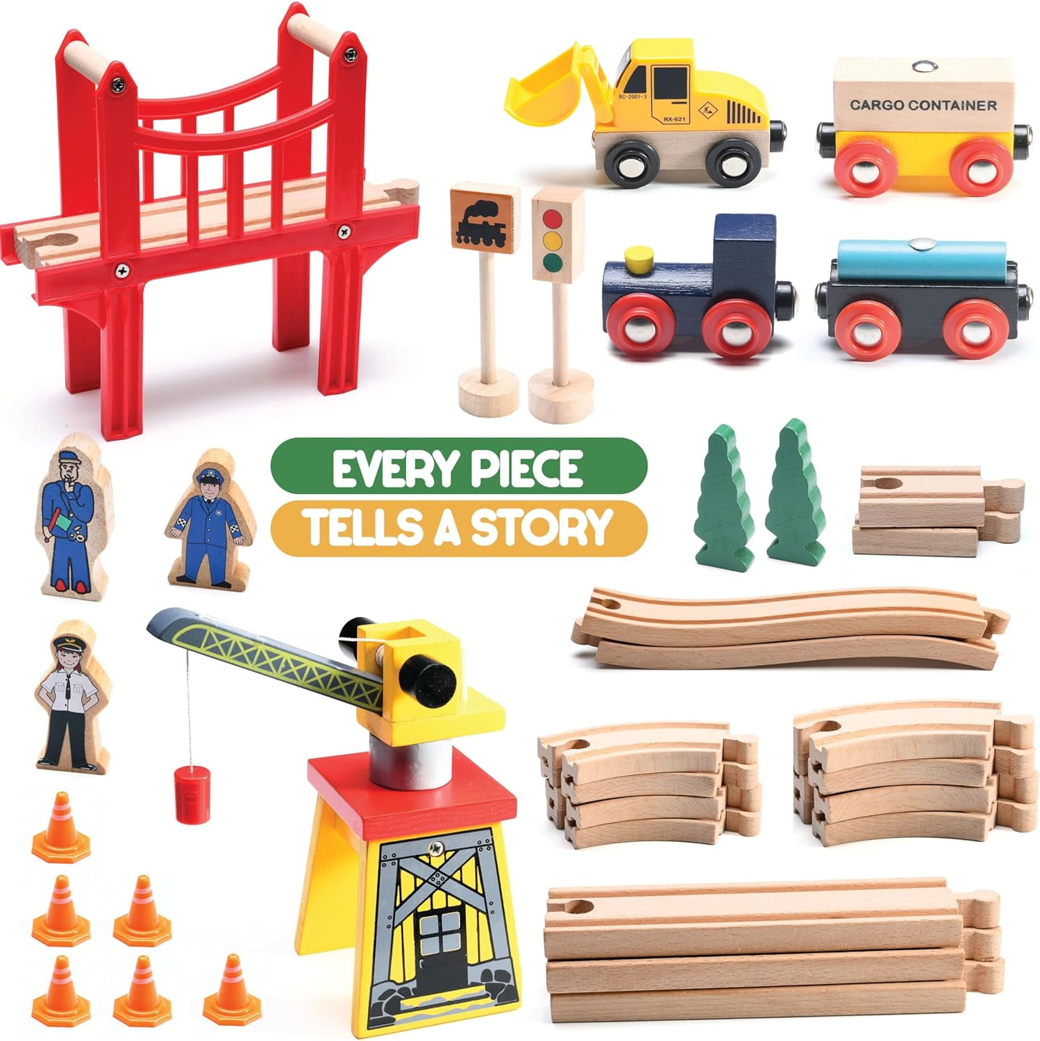 Play22 Compatible Wooden Model Train Track with 1 bulldozer 1 Crane, Wooden, 38 Pieces 11"